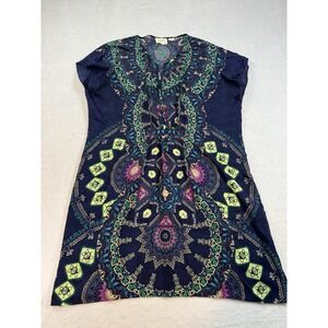 Mave Women's Sz Medium Blue Geometric Print Summer Knee Length Silk Dress Boho